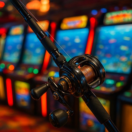 Close-up of a high-end fishing rod in an arcade-style setup, evoking tournament vibes and competitive gameplay. The shot highlights attention to detail and premium graphics for fishing fans in Karachi and Lahore.
