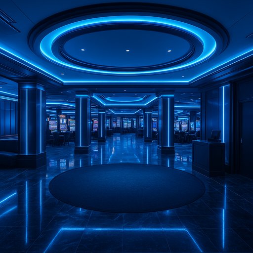 A luxurious casino lobby with blue neon lights conveys privacy and security. The image emphasizes a secure, trusted gaming environment for D666 players.