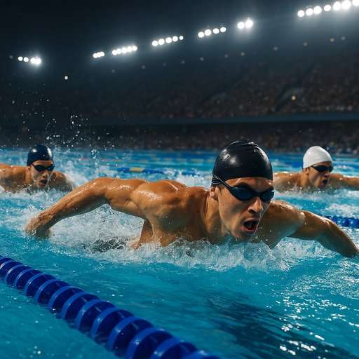 D666 swimming banner: dynamic swimmers race in a bright pool under stadium lights, capturing Olympic spirit and the excitement of live betting