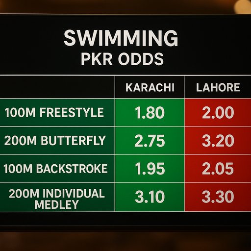 Pakistan live odds graphic: PKR odds for swimming events shown in a color coded table with Karachi and Lahore markets highlighted