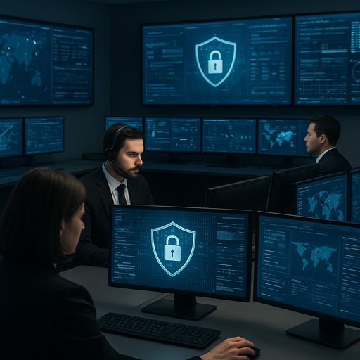 Security operations room with multiple monitors and staff monitoring activity. The image conveys privacy and data protection measures for D666 players in Pakistan. It reflects a commitment to safeguarding personal and financial information.